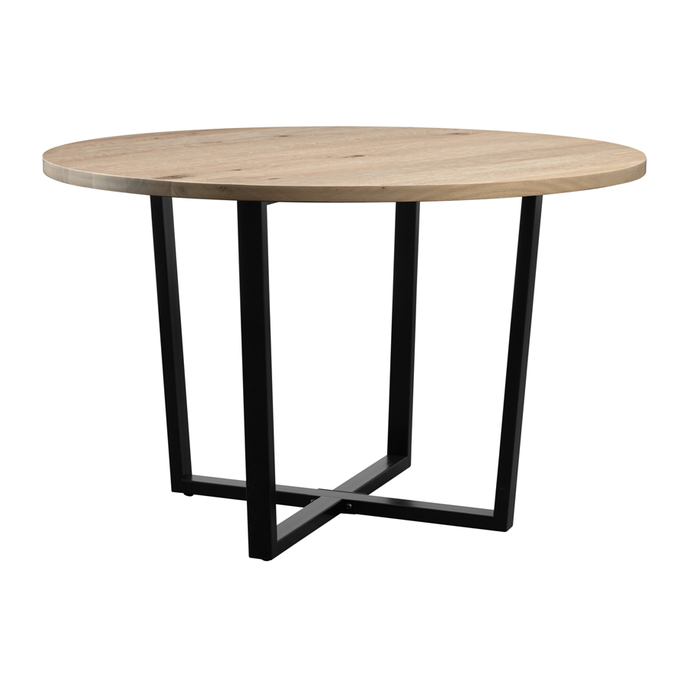 Barnes Round 120cm Commercial Indoor Dining Table With White Oak Table top Hyde criss-cross Base