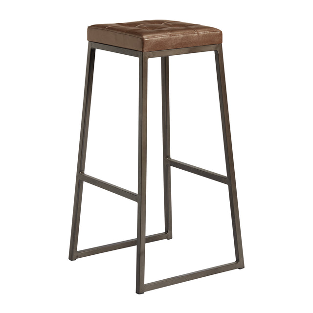 Style Metal Bar Stool with Vintage Brown Faux Leather Seat Pad Clear Lacquered Framed