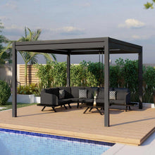 Load image into Gallery viewer, Aluminum Grey Pergola Gazebo with Louvered Roof 4m x 4m with 4 drop curtains and LED lights
